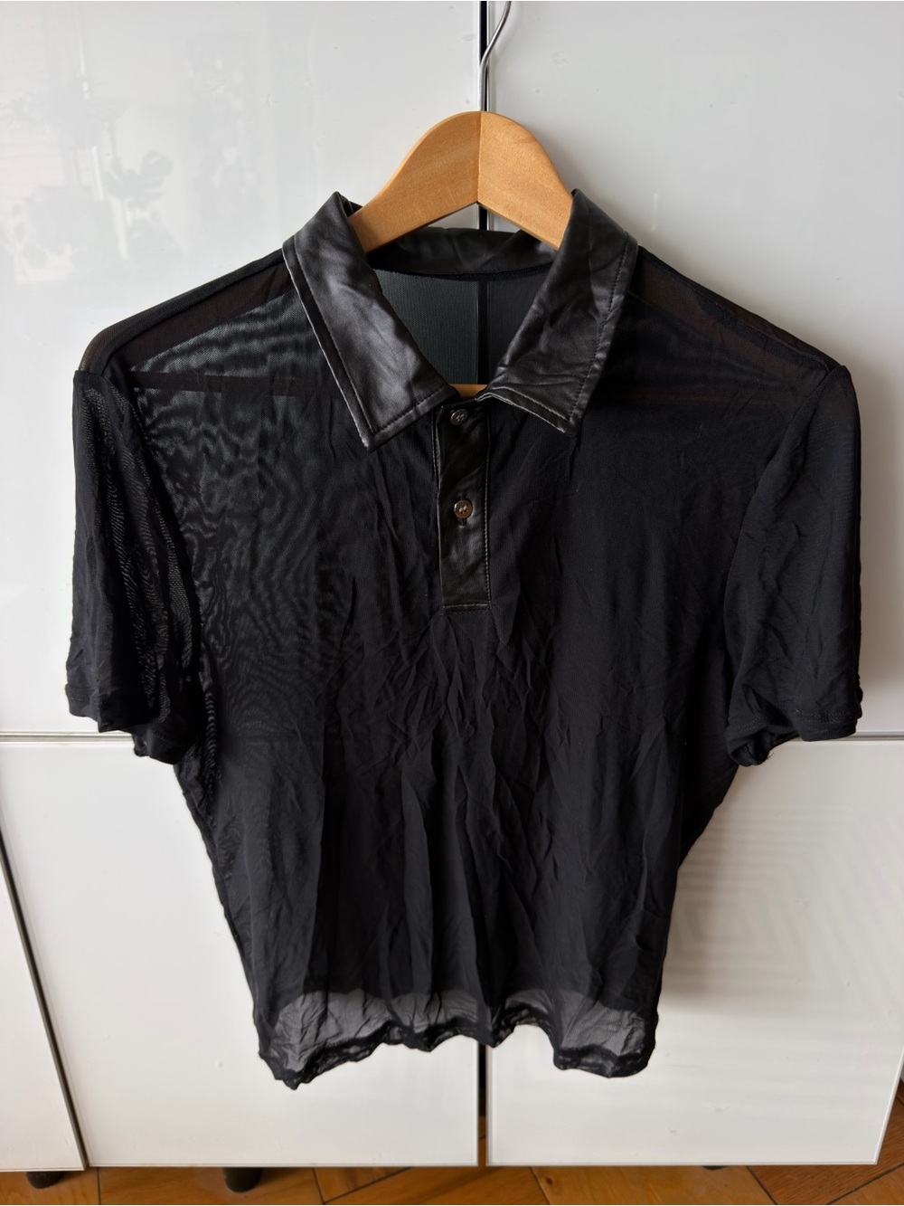 Men's Black Sheer Polo Shirt with Faux Leather Collar